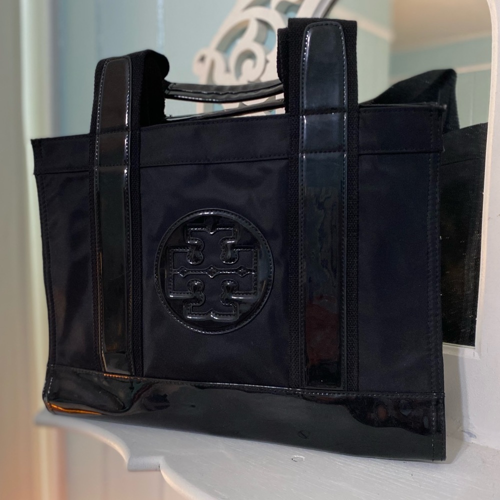 Tory Burch Black Patent Leather and Nylon Open Tote Bag